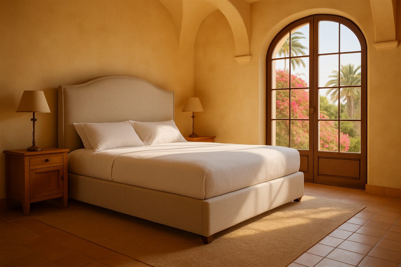 Premium boxspring in een ruime Spaanse villaslaapkamer met warm mediterraan licht