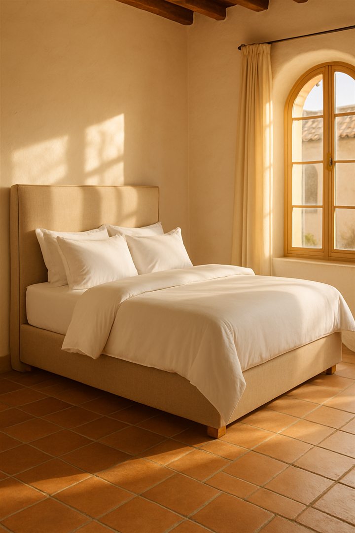 Premium boxspring met gestoffeerd hoofdbord in een zonnige Spaanse slaapkamer